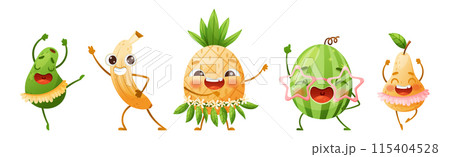 Cartoon Funny Fruits Dancing and Cheering Enjoying Summer Season Vector Set Cartoon Funny Fruits Dancing and Cheering Enjoying Summer Season Vector Set 115404528