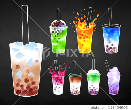 Bubble Tea flavors on chalkboard background Bubble Tea flavors on chalkboard background 115404608