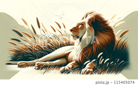 Illustration on the theme of a lion lying in the grass 115405074