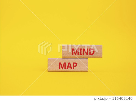 Mind Map symbol. Concept word Mind Map on wooden blocks. Beautiful yellow background. Business and Mind Map concept. Copy space 115405140