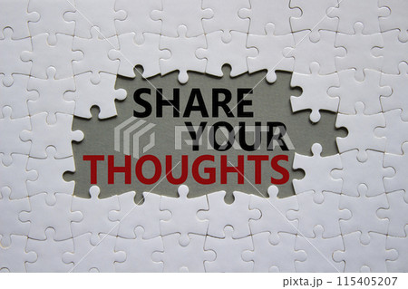 Share your Thoughts symbol. Concept words Share your Thoughts on white puzzle. Beautiful grey background. Business and Share your Thoughts concept. Copy space. 115405207