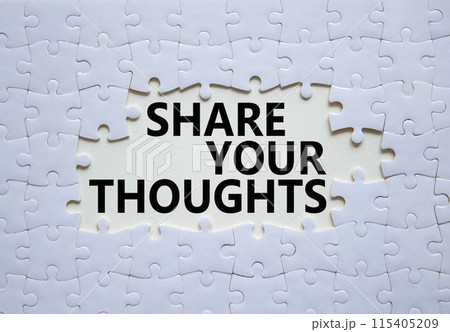 Share your Thoughts symbol. Concept words Share your Thoughts on white puzzle. Beautiful white background. Business and Share your Thoughts concept. Copy space. 115405209