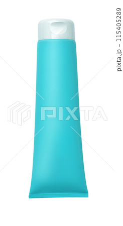 Front view of blank turquoise plastic cosmetic tube 115405289