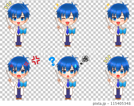 A set of chibi character illustrations of a boy in a white coat holding a pointer and explaining A set of chibi character illustrations of a boy in a white coat holding a pointer and explaining 115405348