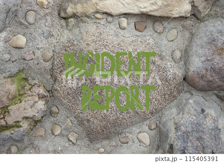 Incident Report symbol. Stone wall Incident Report on wooden blocks. Beautiful stone background. Business and Incident Report concept. Copy space Incident Report symbol. Stone wall Incident Report on wooden blocks. Beautiful stone background. Business and Incident Report concept. Copy space 115405391