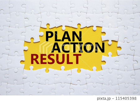 Plan Action Result symbol. Concept words Plan Action Result on white puzzle. Beautiful yellow background. Business concept and Plan Action Result. Copy space. Plan Action Result symbol. Concept words Plan Action Result on white puzzle. Beautiful yellow background. Business concept and Plan Action Result. Copy space. 115405398