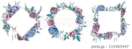 Hydrangea flowers, roses and decorative leaves, berries, eucalyptus twigs. Watercolor illustration. Set rhombus, circle, square frames from the WEDDING FLOWERS collection. 115405447