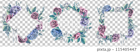 Hydrangea flowers, roses and decorative leaves, berries, eucalyptus twigs. Watercolor illustration. Set rhombus, circle, square frames from the WEDDING FLOWERS collection. 115405447