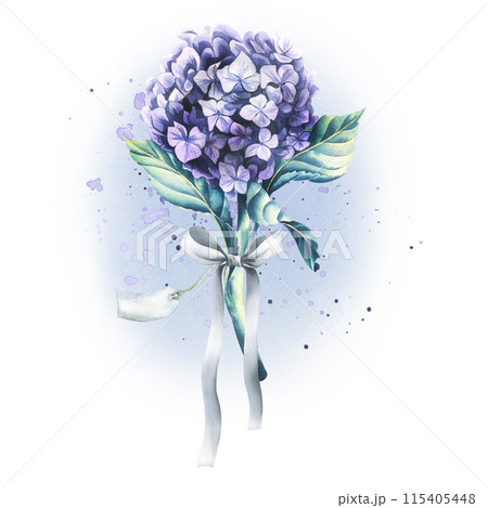 A lilac hydrangea flower with a satin bow and a paper tag for the inscription. Watercolor illustration. An isolated object from the WEDDING FLOWERS collection. For the design and design of printing 115405448