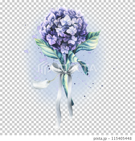 A lilac hydrangea flower with a satin bow and a paper tag for the inscription. Watercolor illustration. An isolated object from the WEDDING FLOWERS collection. For the design and design of printing 115405448