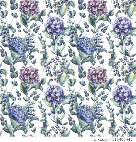Hydrangea flowers of blue, lilac and pink flowers with eucalyptus branches on a white background. Watercolor illustration. Seamless pattern from the WEDDING FLOWERS collection. For decoration design. 115405449