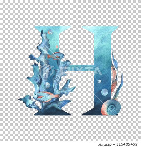 Capital letter H, part of the Latin alphabet decorated in a wet theme with corals, shells, algae, bubbles, blue and coral colors. Hand drawn watercolor illustration. Element isolated from background. 115405469