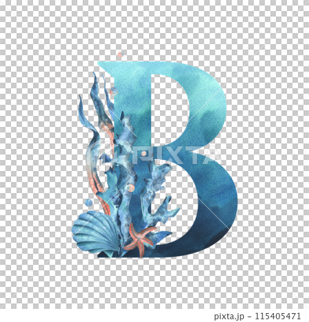 Capital letter B, part of the Latin alphabet decorated in a wet theme with corals, shells, algae, bubbles, blue and coral colors. Hand drawn watercolor illustration. Element isolated from background. 115405471