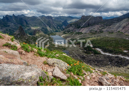 Sharp rocks and glacier lake. Ergaki park, West Sayans. 115405475