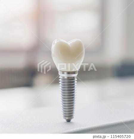 Close-up of a dental implant with a heart-shaped crown on a blurred background 115405720