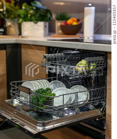 Modern kitchen interior with open dishwasher filled with clean dishes and fresh vegetables 115405857