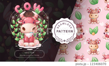 Seamless pattern cartoon character adorable cow, pretty animal idea for print t-shirt, poster and kids envelope, postcard. Cute hand drawn style ox 115406070