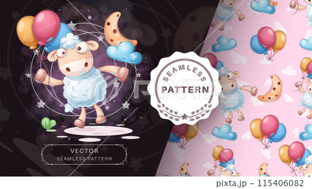 Cartoon character animal crazy lamb fly on air balloon - seamless pattern 115406082