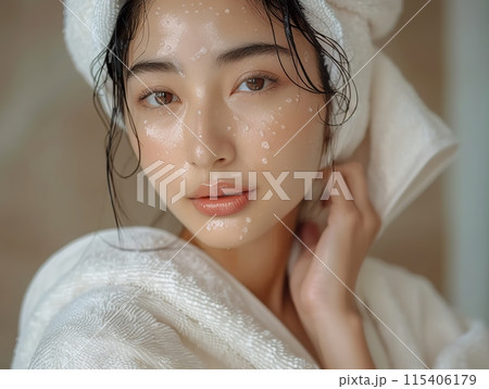 Close Up of Woman with Fresh Skincare Routine 115406179