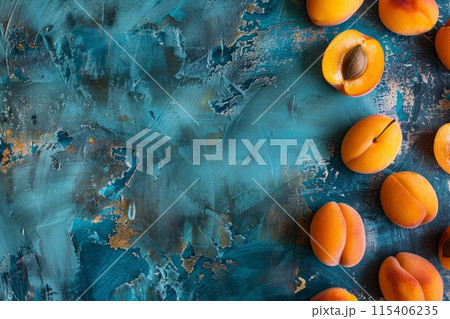 Apricots on a textured blue surface, top view 115406235