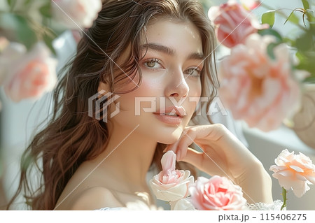 Woman Surrounded by Roses with Radiant Glowのイラスト素材 [115406275] - PIXTA