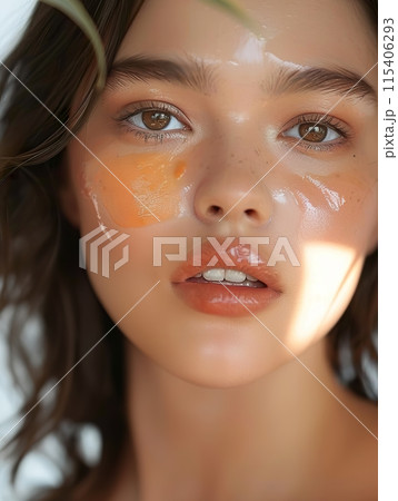 Close up of Freckled Woman with Dewy Skin 115406293