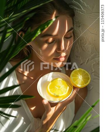 Women with Citrus Fruit in Skincare Rituals 115406373