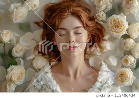 Serene Woman Surrounded by White Rosesのイラスト素材 [115406434] - PIXTA