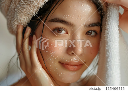 Close Up Portrait of Woman with Wet Skin Close Up Portrait of Woman with Wet Skin 115406513