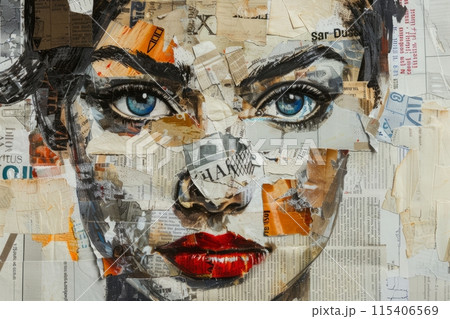 Vibrant mixed media collage of a woman with striking blue eyes and red lips Vibrant mixed media collage of a woman with striking blue eyes and red lips 115406569