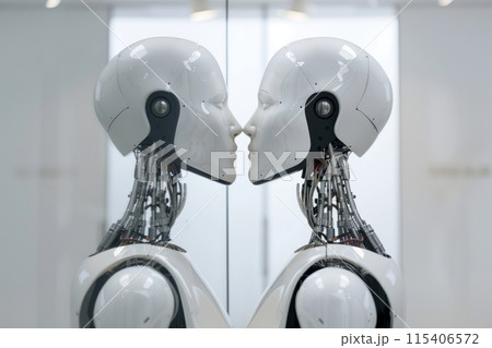 Robot looking at its reflection in a mirror 115406572