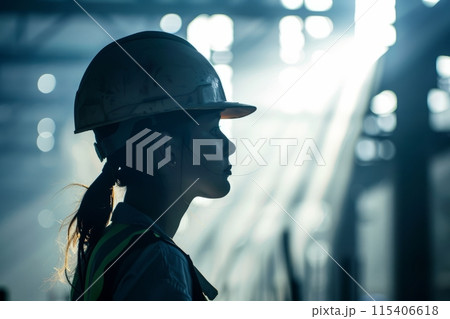 Female construction worker in a helmet inside an industrial warehouse, with light streaming in Female construction worker in a helmet inside an industrial warehouse, with light streaming in 115406618