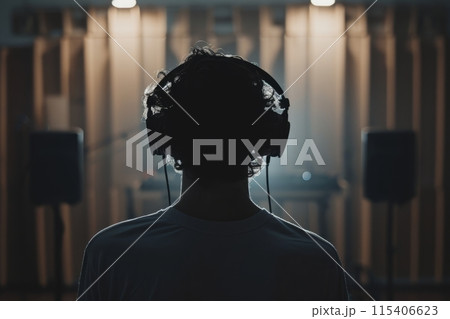 Man wearing headphones, listening to music in a dimly lit room Man wearing headphones, listening to music in a dimly lit room 115406623