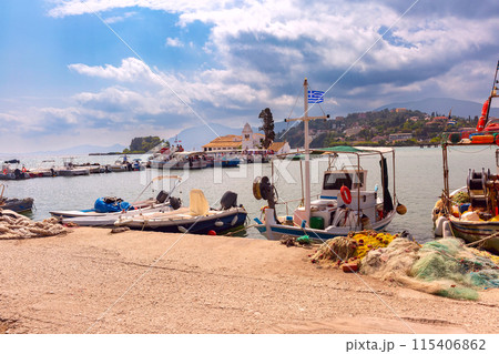 Fishing Boats at Vlacherna Monastery, Corfu, Greece 115406862