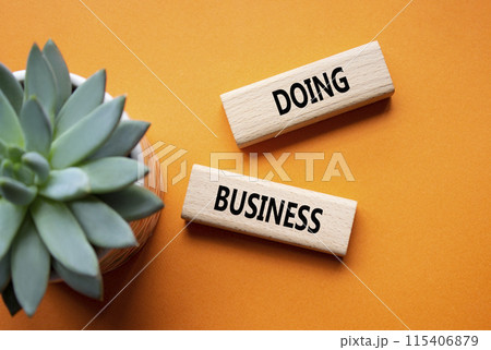 Doing Business symbol. Concept word Doing Business on wooden blocks. Beautiful orange background with succulent plant. Business and Doing Business concept. Copy space 115406879
