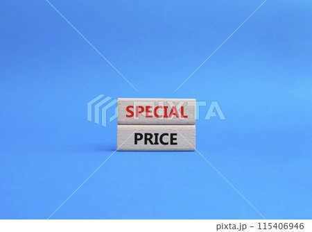Special Price symbol. Concept word Special Price on wooden blocks. Beautiful blue background. Business and Special Price concept. Copy space 115406946