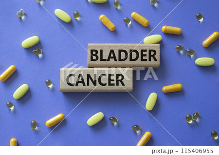 Bladder Cancer symbol. Concept word Bladder Cancer on wooden blocks. Beautiful purple background with pills. Medicine and Bladder Cancer concept. Copy space Bladder Cancer symbol. Concept word Bladder Cancer on wooden blocks. Beautiful purple background with pills. Medicine and Bladder Cancer concept. Copy space 115406955