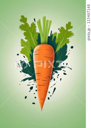 Juicy ripe flying carrot vegetables and green leaves isolated on pastel green background. 115407148