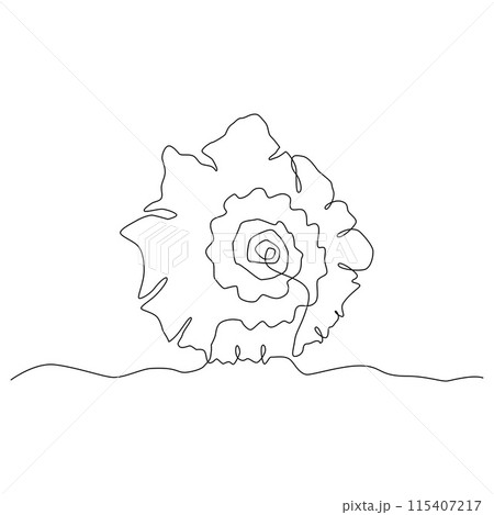 Black one continuous line drawing of sea shell isolated element. Vector outline summer beach illustration, vacation concept 115407217