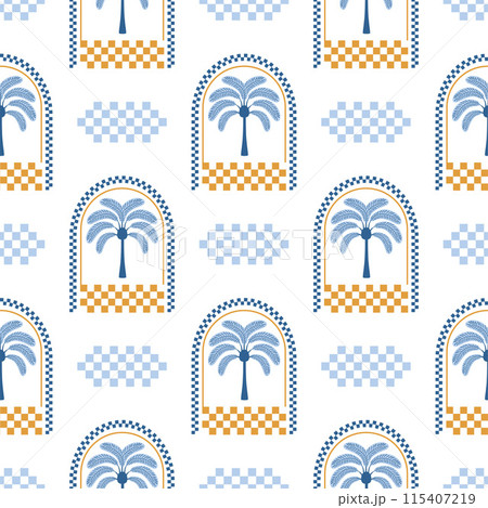Blue tropical palm tree in arch seamless pattern. Summer checkered print, vector wallpaper. 115407219