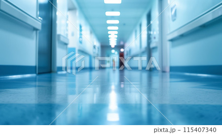 An empty hospital corridor with motion blur effect. Emergency medical services concept. 115407340