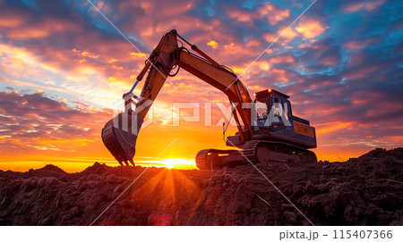 An excavator working in the field at sunset. 115407366