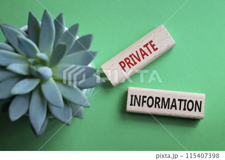Private Information symbol. Wooden blocks with words Private Information. Beautiful green background with succulent plant. Businessman hand. Business and Private Information concept. Copy space. Private Information symbol. Wooden blocks with words Private Information. Beautiful green background with succulent plant. Businessman hand. Business and Private Information concept. Copy space. 115407398
