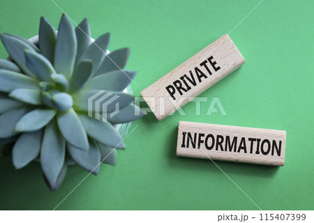 Private Information symbol. Wooden blocks with words Private Information. Beautiful green background with succulent plant. Businessman hand. Business and Private Information concept. Copy space. Private Information symbol. Wooden blocks with words Private Information. Beautiful green background with succulent plant. Businessman hand. Business and Private Information concept. Copy space. 115407399