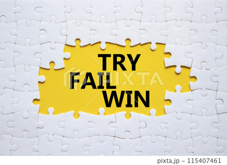 Try Fail Win symbol. Concept words Try Fail Win on white puzzle. Beautiful yellow background. Business and Try Fail Win concept. Copy space. Try Fail Win symbol. Concept words Try Fail Win on white puzzle. Beautiful yellow background. Business and Try Fail Win concept. Copy space. 115407461