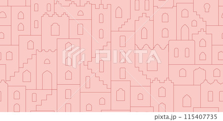Line moroccan city scape seamless pattern. Simple arabic outline town for background. 115407735