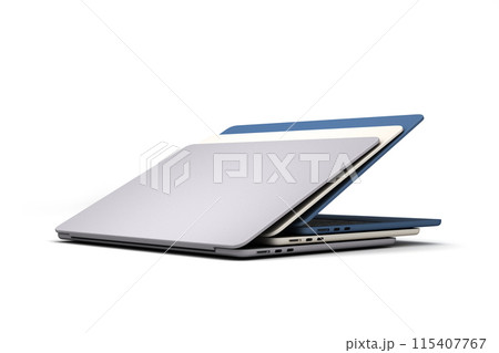 new different color open laptops presentation front view 3d render on white new different color open laptops presentation front view 3d render on white 115407767