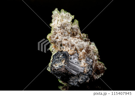 Macro stone Hyalite mineral, tourmaline Sherl, smoky quartz on a black background Macro stone Hyalite mineral, tourmaline Sherl, smoky quartz on a black background 115407945