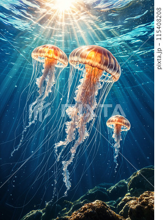 Sunlight shines on jellyfish. 115408208