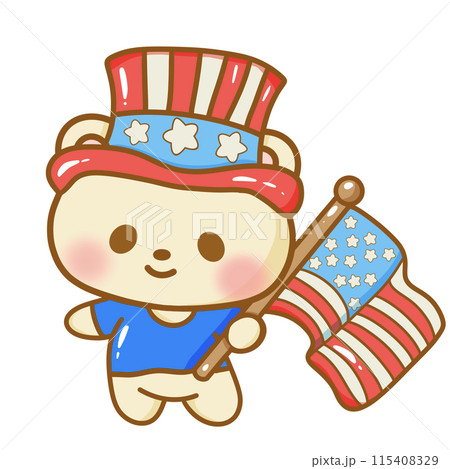 Hand drawn illustration kawaii bear american 4th of july party celebration USA Independence Day Doodle cute animal national isolated elements on white background  115408329